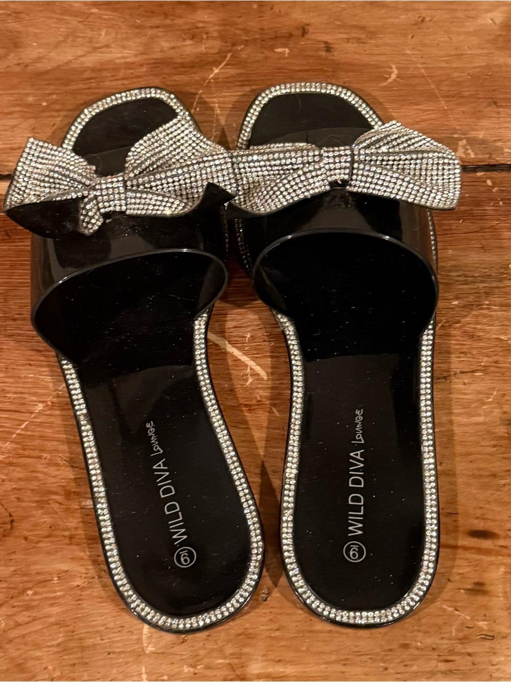 Wild Diva Black Patent Slide Sandals with Crystal Bow